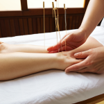 **Image Prompt:** A serene acupuncture clinic room with soft lighting, featuring an acupuncturist gently inserting thin needles into a patient's wrist. The patient is lying comfortably on a treatment table with their eyes closed, in a state of relaxation. Herbal medicine ingredients like dried roots and flowers are subtly displayed in the background.