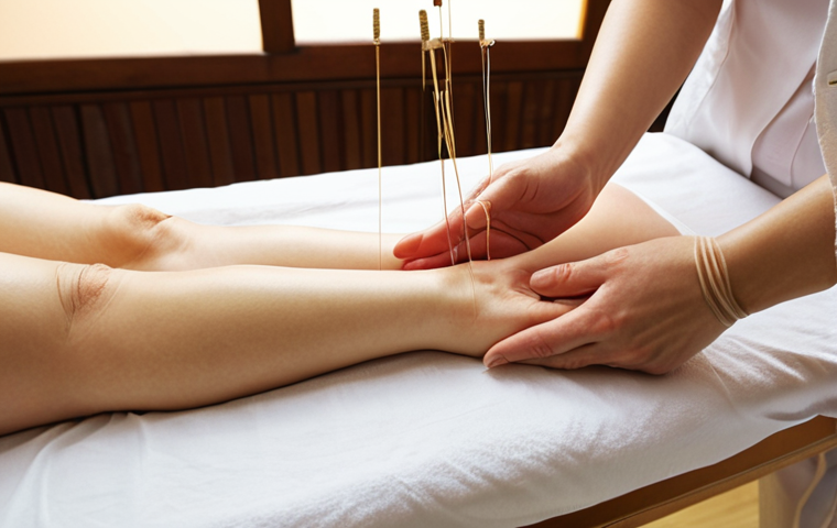 **Image Prompt:** A serene acupuncture clinic room with soft lighting, featuring an acupuncturist gently inserting thin needles into a patient's wrist. The patient is lying comfortably on a treatment table with their eyes closed, in a state of relaxation. Herbal medicine ingredients like dried roots and flowers are subtly displayed in the background.
