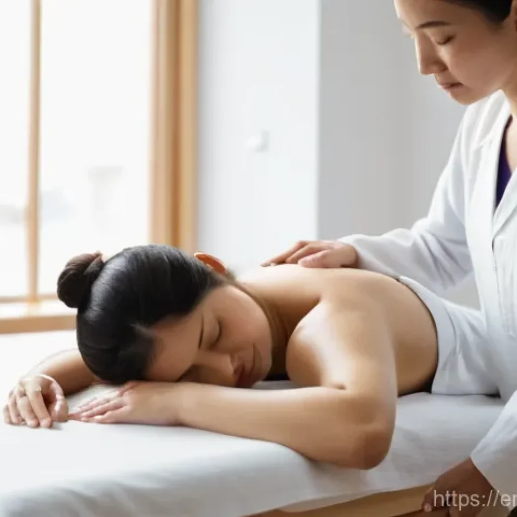 디스크 침술 치료 사례 - **Prompt:** A serene and professional acupuncture clinic setting. A female patient, in her late 30s ...