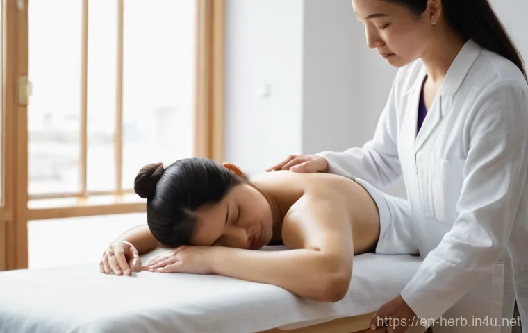 디스크 침술 치료 사례 - **Prompt:** A serene and professional acupuncture clinic setting. A female patient, in her late 30s ...