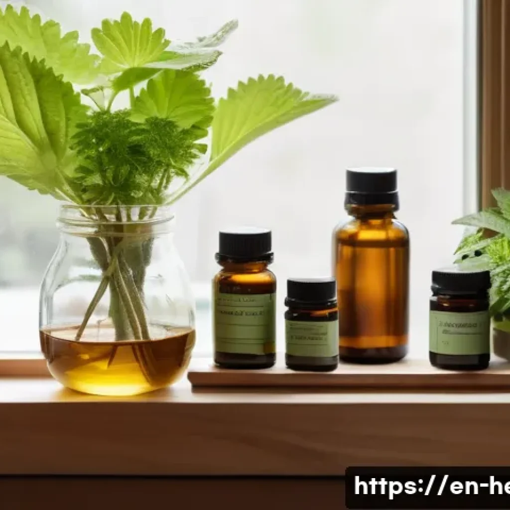 비염 한방치료와 침술 비용 - A cozy, well-lit home wellness corner featuring a wooden shelf with neatly arranged herbal supplemen...