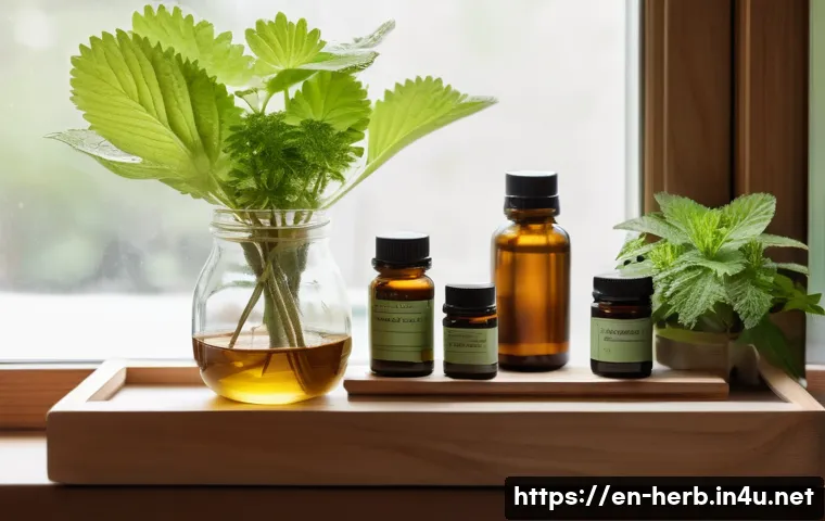 비염 한방치료와 침술 비용 - A cozy, well-lit home wellness corner featuring a wooden shelf with neatly arranged herbal supplemen...