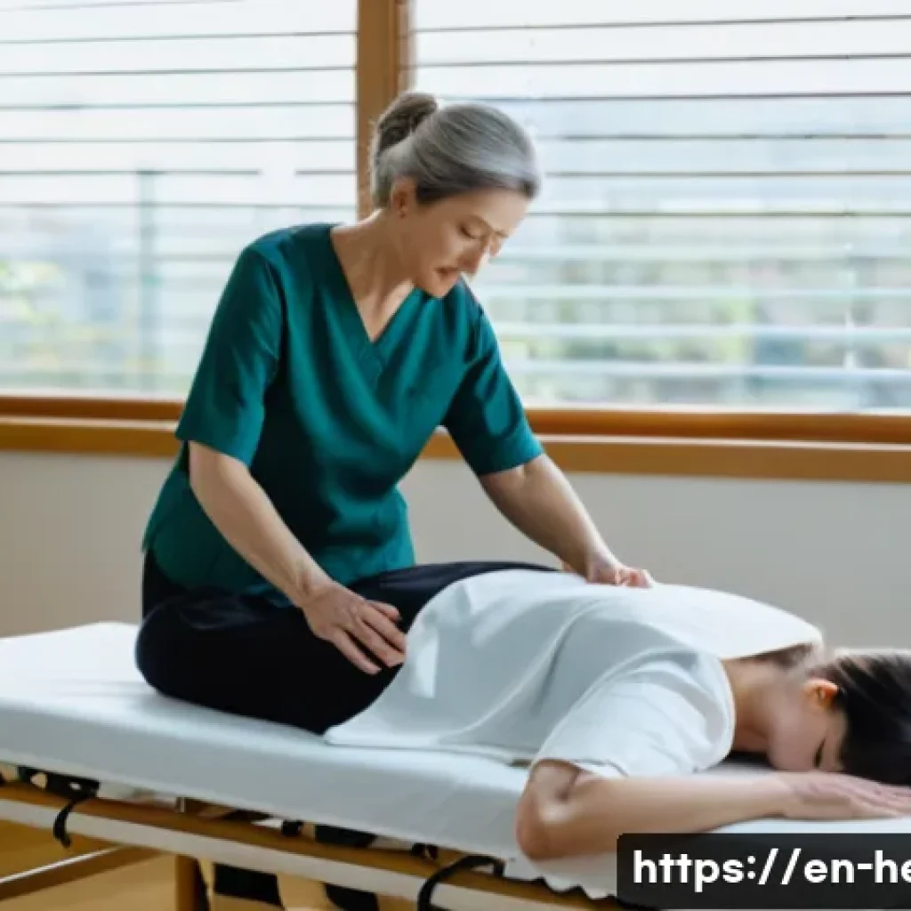 허리디스크 한방치료 사례 - A serene acupuncture therapy session in a modern clinic setting, featuring a middle-aged Caucasian w...