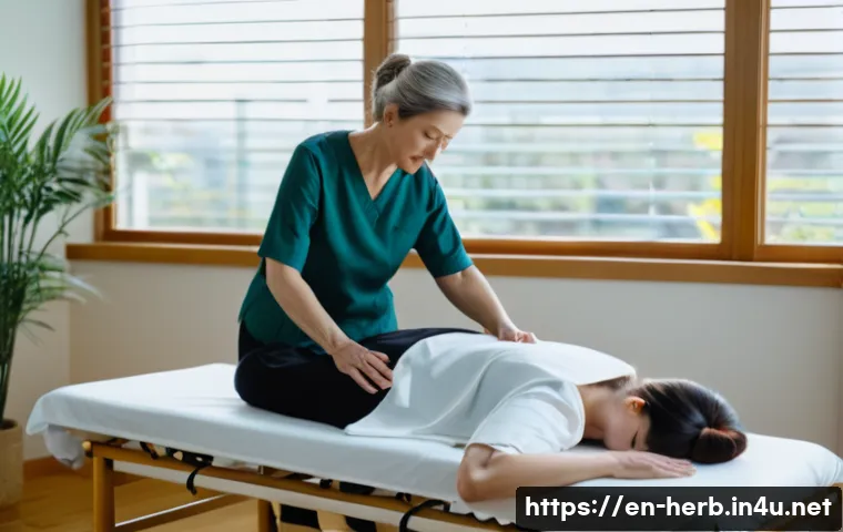 허리디스크 한방치료 사례 - A serene acupuncture therapy session in a modern clinic setting, featuring a middle-aged Caucasian w...