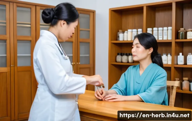 한방병원 진료 절차 - A serene traditional medicine clinic interior featuring a calm consultation room with natural wooden...