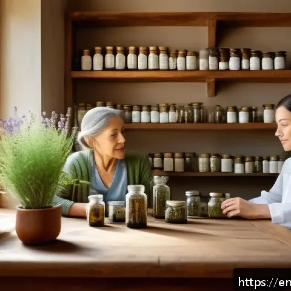 한방병원과 양방치료 비교 후기 - A serene herbal medicine consultation scene in a cozy, natural clinic setting: a middle-aged female ...