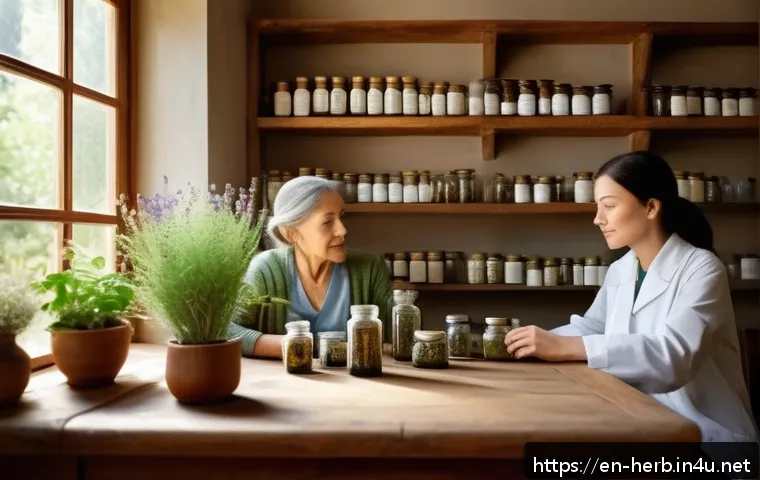 한방병원과 양방치료 비교 후기 - A serene herbal medicine consultation scene in a cozy, natural clinic setting: a middle-aged female ...