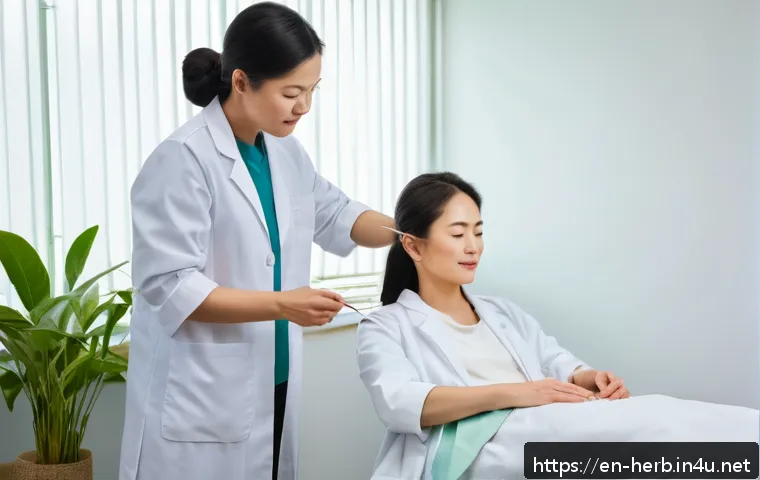 한방병원 보험 적용 여부 - A serene and professional acupuncture clinic scene showing a licensed acupuncturist in a white lab c...