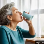 비염 치료와 양방치료 비교 - A serene home setting showing a middle-aged woman practicing daily nasal hygiene with a neti pot, su...
