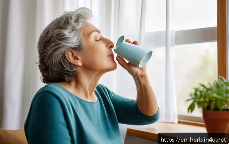 비염 치료와 양방치료 비교 - A serene home setting showing a middle-aged woman practicing daily nasal hygiene with a neti pot, su...