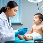 소아 성장판 치료 한방치료 사례 - A detailed medical illustration of a pediatric orthopedic clinic showing a young child wearing a dia...