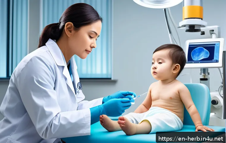 소아 성장판 치료 한방치료 사례 - A detailed medical illustration of a pediatric orthopedic clinic showing a young child wearing a dia...