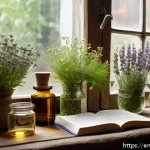 한방병원에서 사용하는 약재 - A serene herbal apothecary scene featuring a rustic wooden table with various glass bottles of herba...