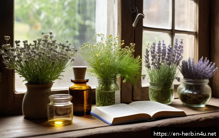 한방병원에서 사용하는 약재 - A serene herbal apothecary scene featuring a rustic wooden table with various glass bottles of herba...
