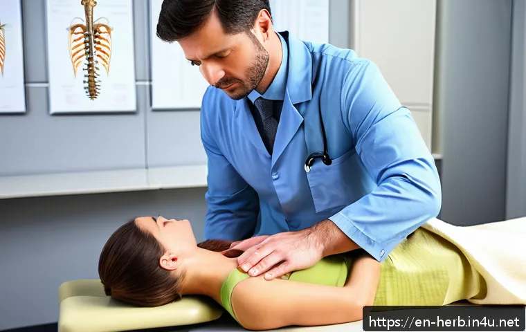 편두통 추나요법 사례 - A detailed medical illustration of a chiropractor performing a precise spinal adjustment on the cerv...