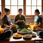 한방병원 환자 후기 - A serene, sunlit room with a diverse group of adults practicing mindful herbal preparation and medit...