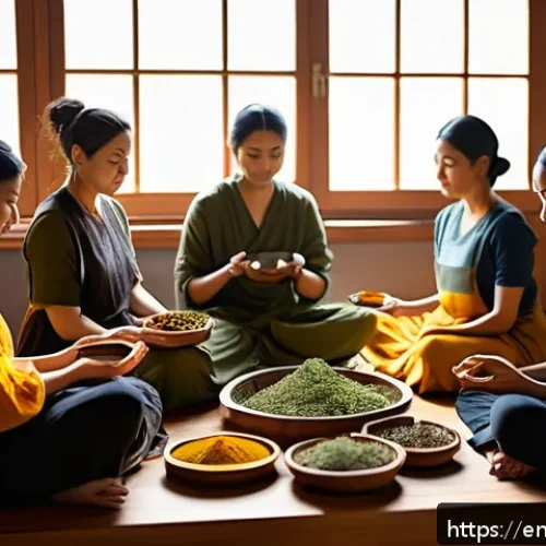 한방병원 환자 후기 - A serene, sunlit room with a diverse group of adults practicing mindful herbal preparation and medit...