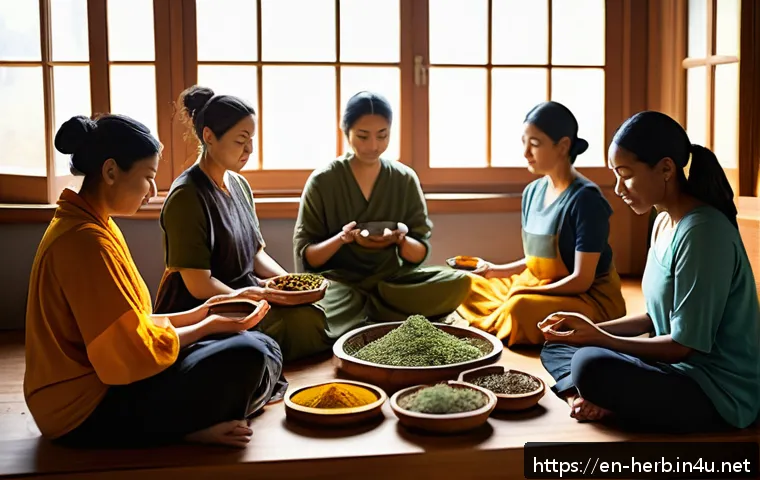 한방병원 환자 후기 - A serene, sunlit room with a diverse group of adults practicing mindful herbal preparation and medit...
